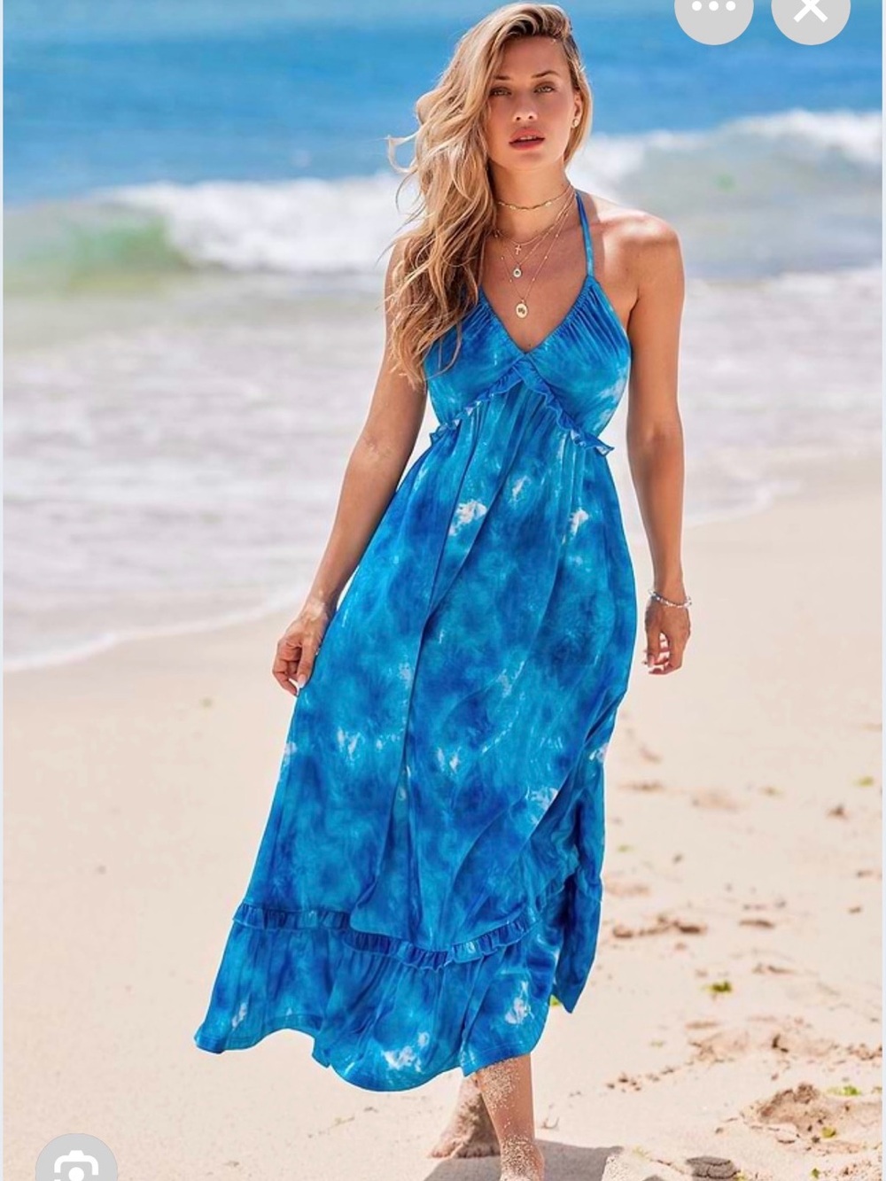 Cupshe Tie Dye & Ruffle Maxi Jersey Halter Tie Sun Dress in Blue&White/sz sm/EUC - Picture 3 of 13